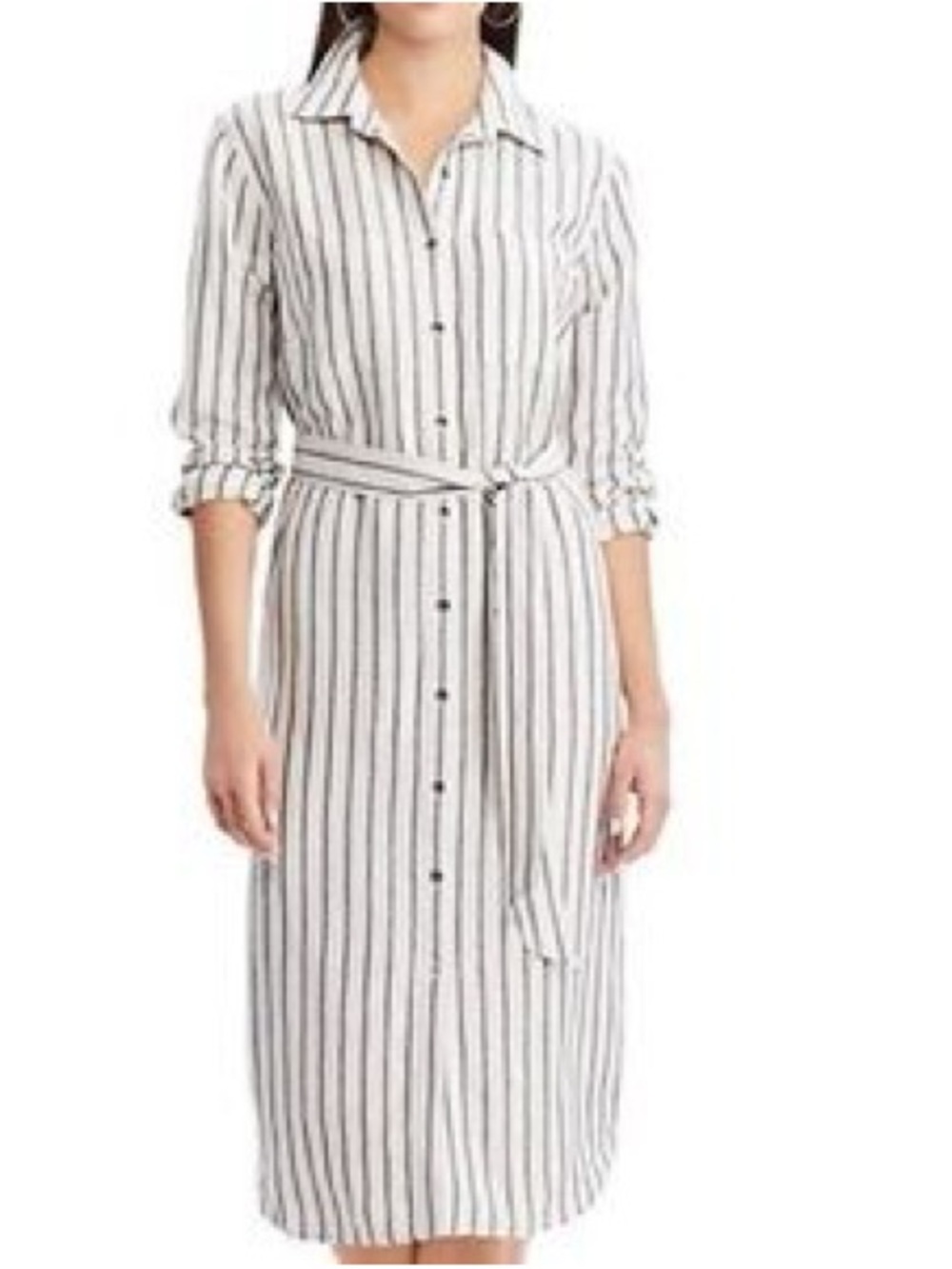 Chaps Beige and Black Striped Long Sleeve Shirt Dress